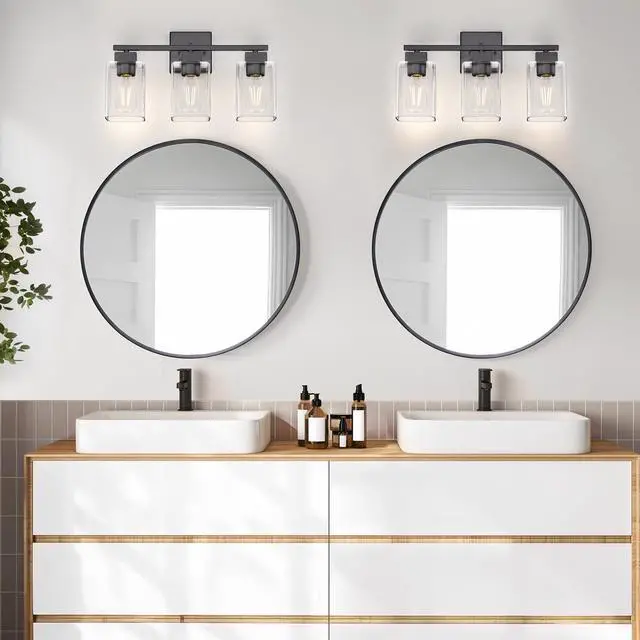 Alt view image 5 of 7 - Matte Black Bathroom Vanity Light, 3-Light Vanity Lighting fixtures Over Mirror, Square Design & UL Certification, Wall Sconces with Clear Glass Shades, E26 Socket (Bulbs Not Included)