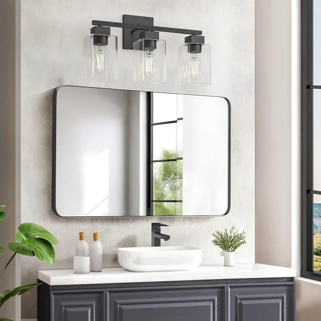 Alt view image 6 of 7 - Matte Black Bathroom Vanity Light, 3-Light Vanity Lighting fixtures Over Mirror, Square Design & UL Certification, Wall Sconces with Clear Glass Shades, E26 Socket (Bulbs Not Included)