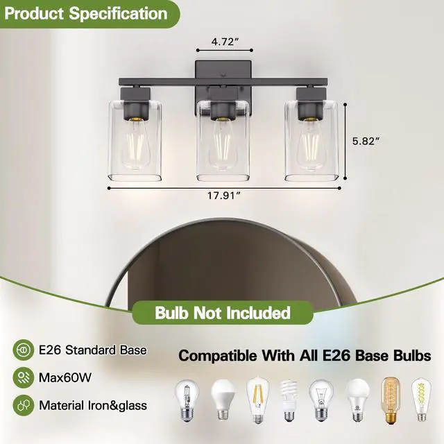 Alt view image 7 of 7 - Matte Black Bathroom Vanity Light, 3-Light Vanity Lighting fixtures Over Mirror, Square Design & UL Certification, Wall Sconces with Clear Glass Shades, E26 Socket (Bulbs Not Included)