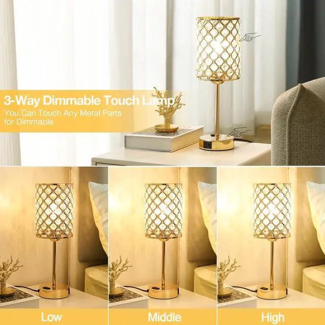 Alt view image 2 of 7 - Gold Lamps for Night Stands, Crystal Table Lamp with Touch Control | 3-Way Dimmable, USB-C+A & AC Outlet, Desk Lamp for Bedside, Nightstand, Living Room, Home Office, Bulbs Included