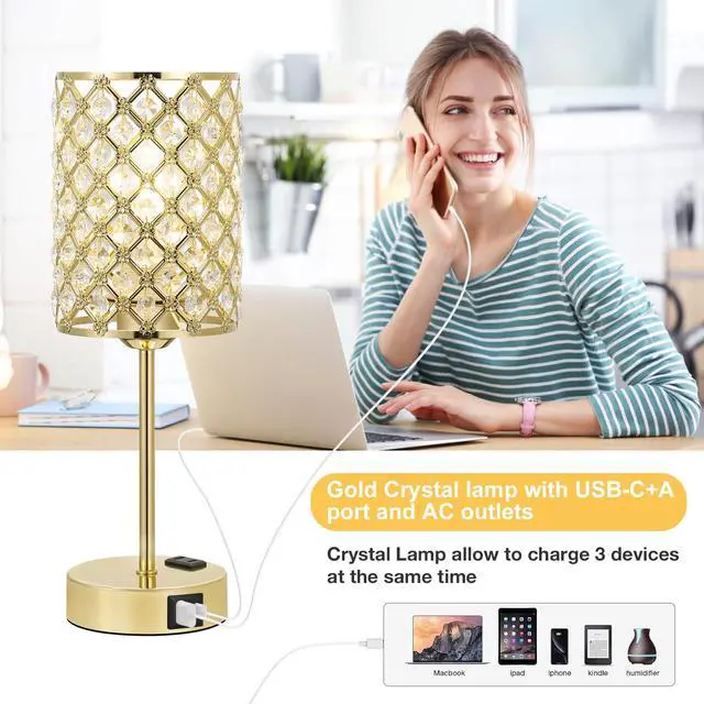 Alt view image 4 of 7 - Gold Lamps for Night Stands, Crystal Table Lamp with Touch Control | 3-Way Dimmable, USB-C+A & AC Outlet, Desk Lamp for Bedside, Nightstand, Living Room, Home Office, Bulbs Included