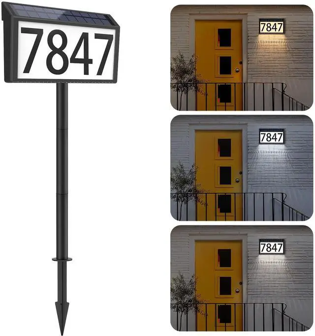 Main image of Solar Powered Address Sign House Number Waterproof 3-Light Modes | LED Illuminated Address Plaque, Wall Mounted & In Ground, Outdoor Address Numbers with Stakes for Outside Yard Home Driveway