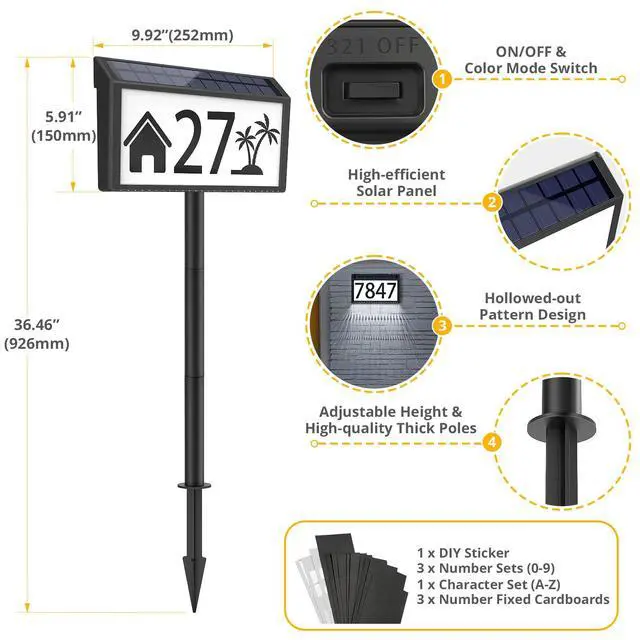 Alt view image 2 of 7 - Solar Powered Address Sign House Number Waterproof 3-Light Modes | LED Illuminated Address Plaque, Wall Mounted & In Ground, Outdoor Address Numbers with Stakes for Outside Yard Home Driveway