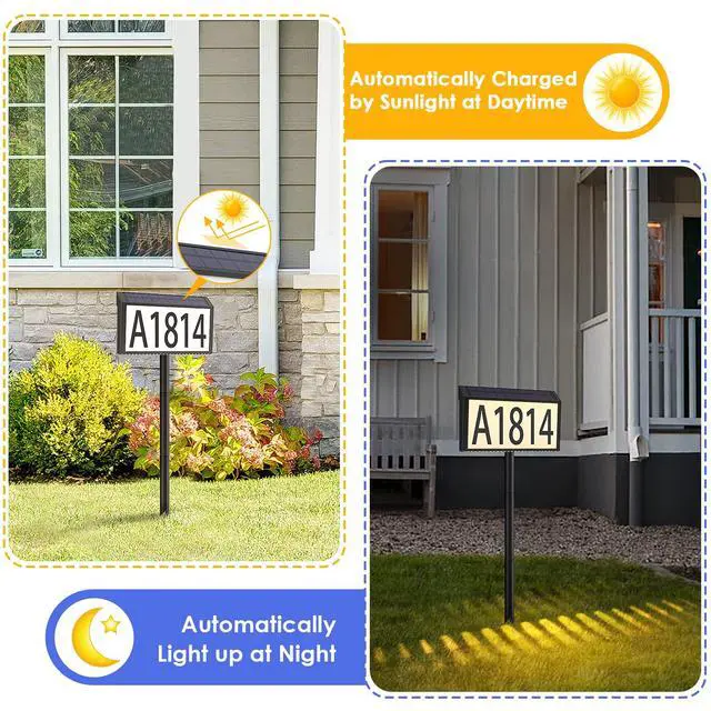 Alt view image 7 of 7 - Solar Powered Address Sign House Number Waterproof 3-Light Modes | LED Illuminated Address Plaque, Wall Mounted & In Ground, Outdoor Address Numbers with Stakes for Outside Yard Home Driveway