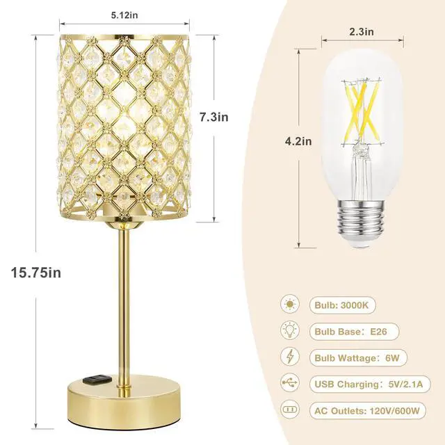 Alt view image 5 of 7 - Gold Lamps for Night Stands, Crystal Table Lamp with Touch Control | 3-Way Dimmable, USB-C+A & AC Outlet, Desk Lamp for Bedside, Nightstand, Living Room, Home Office, Bulbs Included