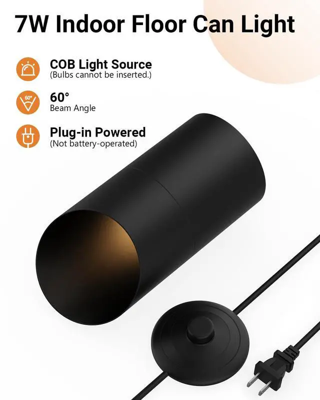 Alt view image 2 of 7 - 2 Pack Uplighting Indoor, LED Floor Can Lights with Remote and Timer, 3 Color Temps Dimmable Spotlight for Corner Sofa Plant Home Accent Lighting, 5.9 FT Plug Cord & Foot Switch, Black