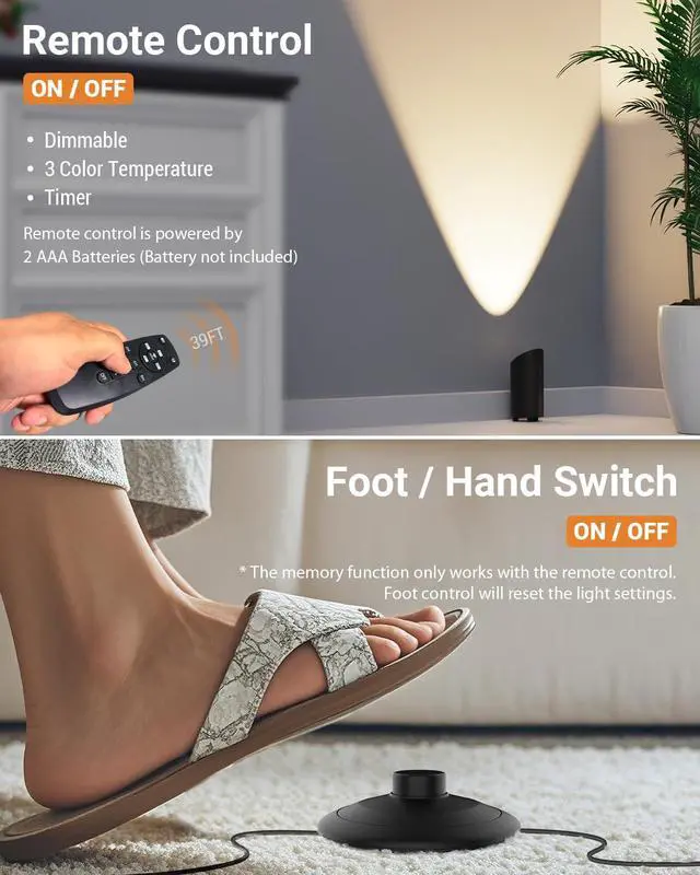 Alt view image 3 of 7 - 2 Pack Uplighting Indoor, LED Floor Can Lights with Remote and Timer, 3 Color Temps Dimmable Spotlight for Corner Sofa Plant Home Accent Lighting, 5.9 FT Plug Cord & Foot Switch, Black