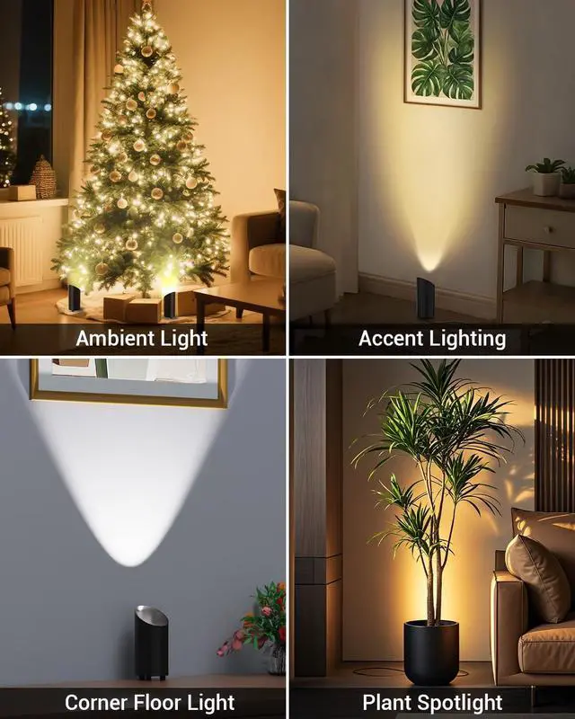 Alt view image 7 of 7 - 2 Pack Uplighting Indoor, LED Floor Can Lights with Remote and Timer, 3 Color Temps Dimmable Spotlight for Corner Sofa Plant Home Accent Lighting, 5.9 FT Plug Cord & Foot Switch, Black