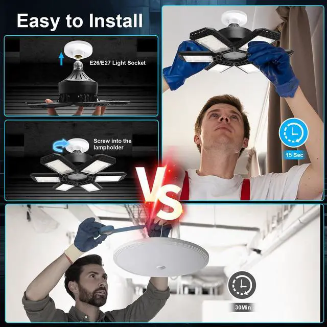 Alt view image 2 of 6 - 4 Pack Garage Lights, 28000LM Super Bright LED Shop Lights with 6+1 Deformable Panels, 6500K Garage Light Ceiling Led, E26 Socket Screw in Bulb for Warehouse, Workshop, Basement, Attic
