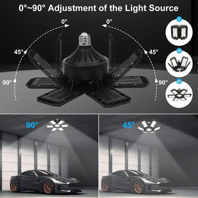 Alt view image 3 of 6 - 4 Pack Garage Lights, 28000LM Super Bright LED Shop Lights with 6+1 Deformable Panels, 6500K Garage Light Ceiling Led, E26 Socket Screw in Bulb for Warehouse, Workshop, Basement, Attic