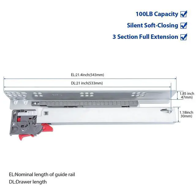 Alt view image 2 of 7 - 1 Pair Hidden Undermount Soft Close Drawer Slides 21 Inch | 1D Tool-Free Height Adjustment Clips;Easy Setup;100lb Load Steel;Bottom Mount Full Extension Tracks;Face Frame Rear Brackets