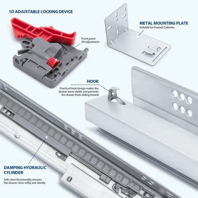 Alt view image 3 of 7 - 1 Pair Hidden Undermount Soft Close Drawer Slides 21 Inch | 1D Tool-Free Height Adjustment Clips;Easy Setup;100lb Load Steel;Bottom Mount Full Extension Tracks;Face Frame Rear Brackets