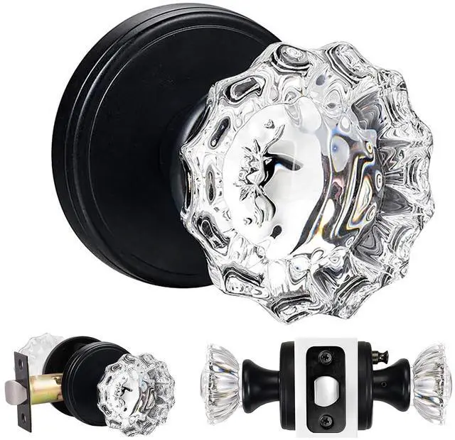 Main image of Glass Door Knobs Interior Vintage Privacy Door Knob with Lock | for Bedroom Bathroom Matte Black