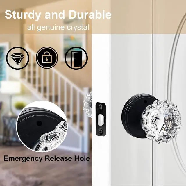 Alt view image 4 of 7 - Glass Door Knobs Interior Vintage Privacy Door Knob with Lock | for Bedroom Bathroom Matte Black