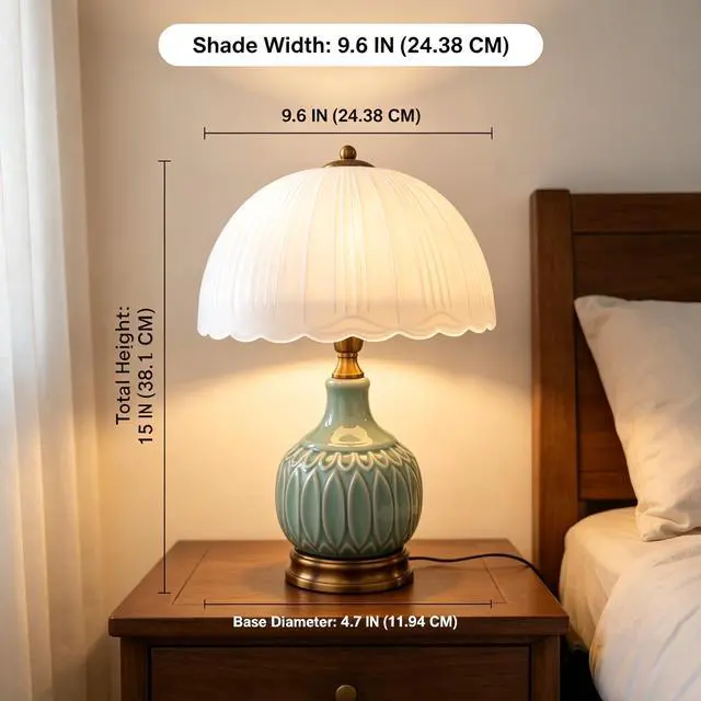 Alt view image 3 of 7 - Table Lamps Ceramic Retro Lamp for Living Room,15." Modern Bedside Nightstand Traditional Lamps, Classic Chinoiserie Green Glass Lamp for Home (Retro)