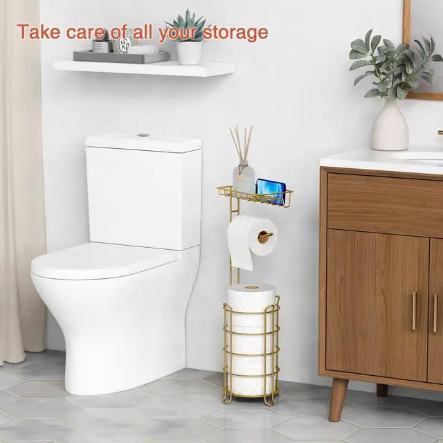 Alt view image 2 of 7 - Gold Free Standing Toilet Paper Holder Stand with Phone Shelf, Floor Bathroom Tissue Holder for Large Mega Rolls, Metal Freestanding Toilet Paper Roll Holder with Wipes Storage Tray