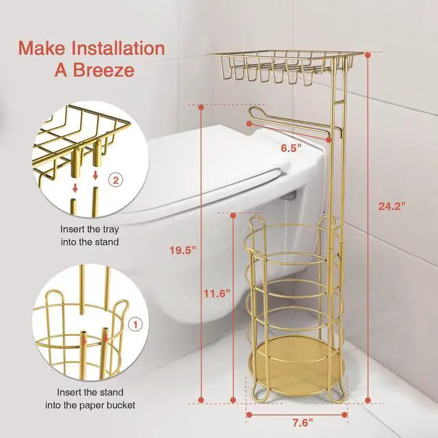 Alt view image 4 of 7 - Gold Free Standing Toilet Paper Holder Stand with Phone Shelf, Floor Bathroom Tissue Holder for Large Mega Rolls, Metal Freestanding Toilet Paper Roll Holder with Wipes Storage Tray