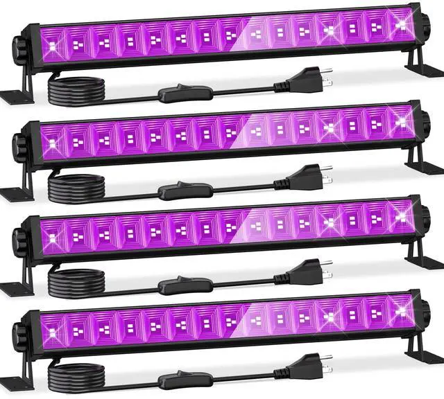 Main image of 4 Pack LED 42W Black Lights, Blacklight Bars for Glow Party, Halloween | with Plug+Switch+6ft Cord, Light Up 24x24ftx4, for Fuorescent Tapestry Poster, Body Paint, Bedroom, Classroom, Stage