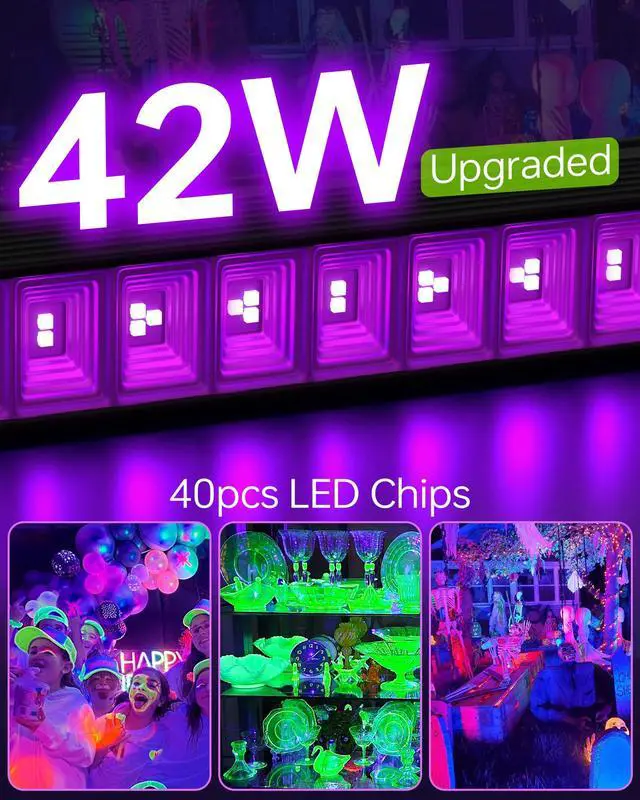 Alt view image 2 of 7 - 4 Pack LED 42W Black Lights, Blacklight Bars for Glow Party, Halloween | with Plug+Switch+6ft Cord, Light Up 24x24ftx4, for Fuorescent Tapestry Poster, Body Paint, Bedroom, Classroom, Stage