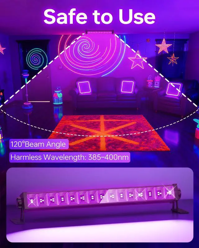 Alt view image 4 of 7 - 4 Pack LED 42W Black Lights, Blacklight Bars for Glow Party, Halloween | with Plug+Switch+6ft Cord, Light Up 24x24ftx4, for Fuorescent Tapestry Poster, Body Paint, Bedroom, Classroom, Stage