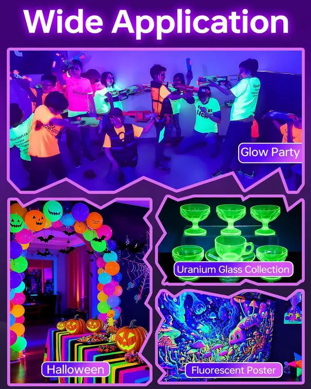 Alt view image 5 of 7 - 4 Pack LED 42W Black Lights, Blacklight Bars for Glow Party, Halloween | with Plug+Switch+6ft Cord, Light Up 24x24ftx4, for Fuorescent Tapestry Poster, Body Paint, Bedroom, Classroom, Stage