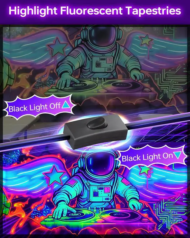 Alt view image 6 of 7 - 4 Pack LED 42W Black Lights, Blacklight Bars for Glow Party, Halloween | with Plug+Switch+6ft Cord, Light Up 24x24ftx4, for Fuorescent Tapestry Poster, Body Paint, Bedroom, Classroom, Stage