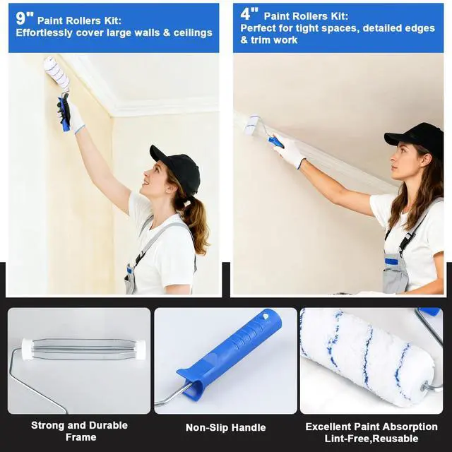 Alt view image 4 of 6 - 30PCS Paint Roller Kit with Extension Pole-2 to 4 FT,Wall Painting Supplies with Paint Edger Roller Brush 12",House Painting Set with Rainsuit & Drop Cloth for Home|Office|Shop Professional Painting
