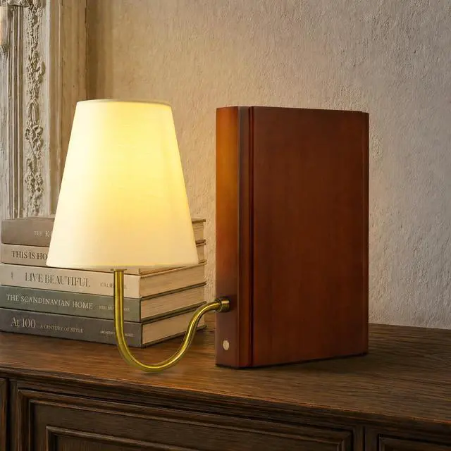 Main image of Solid Wood Bookshelf Lamp with Bulb, Cordless Rechargeable Touch Dimmable Table Lamp with Linen Fabric Shade, Modern Decorative Bookend Lamp for Bedroom, Office & Bookshelf Decor, Dark Brown