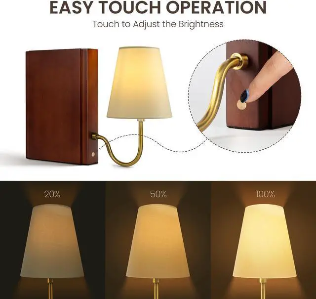 Alt view image 3 of 6 - Solid Wood Bookshelf Lamp with Bulb, Cordless Rechargeable Touch Dimmable Table Lamp with Linen Fabric Shade, Modern Decorative Bookend Lamp for Bedroom, Office & Bookshelf Decor, Dark Brown