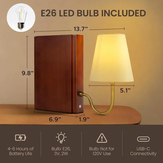Alt view image 2 of 6 - Solid Wood Bookshelf Lamp with Bulb, Cordless Rechargeable Touch Dimmable Table Lamp with Linen Fabric Shade, Modern Decorative Bookend Lamp for Bedroom, Office & Bookshelf Decor, Dark Brown