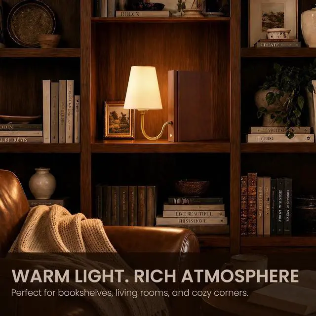 Alt view image 5 of 6 - Solid Wood Bookshelf Lamp with Bulb, Cordless Rechargeable Touch Dimmable Table Lamp with Linen Fabric Shade, Modern Decorative Bookend Lamp for Bedroom, Office & Bookshelf Decor, Dark Brown