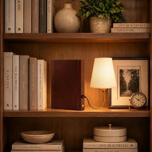 Alt view image 6 of 6 - Solid Wood Bookshelf Lamp with Bulb, Cordless Rechargeable Touch Dimmable Table Lamp with Linen Fabric Shade, Modern Decorative Bookend Lamp for Bedroom, Office & Bookshelf Decor, Dark Brown