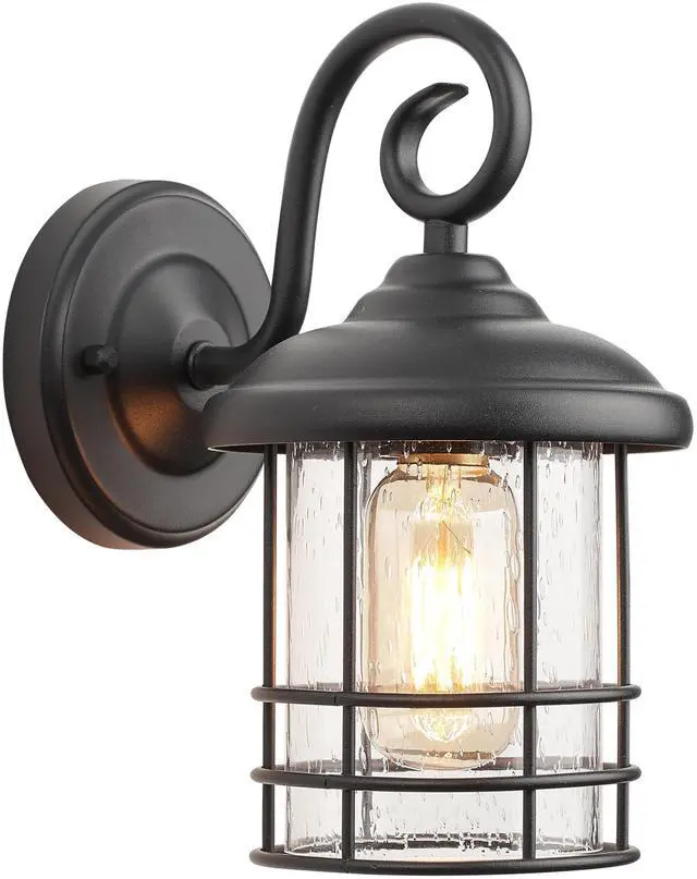 Main image of 5.5" Wide Black Single Outdoor Porch Light, 9.8" H Modern Farmhouse | Seedy Glass Outside Fixture, Vintage Round Outdoor Wall Sconce For Small Sidelight, Front Door, Garage