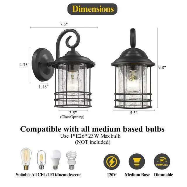 Alt view image 2 of 7 - 5.5" Wide Black Single Outdoor Porch Light, 9.8" H Modern Farmhouse | Seedy Glass Outside Fixture, Vintage Round Outdoor Wall Sconce For Small Sidelight, Front Door, Garage