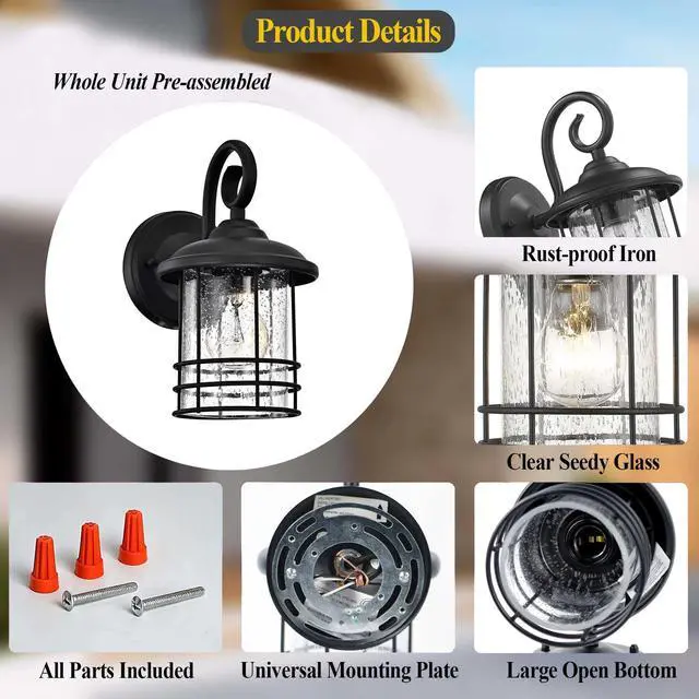 Alt view image 4 of 7 - 5.5" Wide Black Single Outdoor Porch Light, 9.8" H Modern Farmhouse | Seedy Glass Outside Fixture, Vintage Round Outdoor Wall Sconce For Small Sidelight, Front Door, Garage
