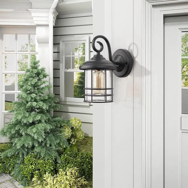 Alt view image 3 of 7 - 5.5" Wide Black Single Outdoor Porch Light, 9.8" H Modern Farmhouse | Seedy Glass Outside Fixture, Vintage Round Outdoor Wall Sconce For Small Sidelight, Front Door, Garage