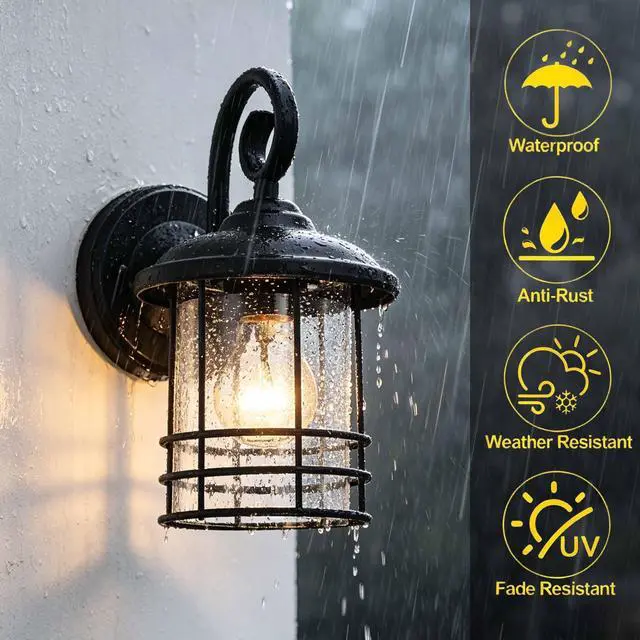 Alt view image 5 of 7 - 5.5" Wide Black Single Outdoor Porch Light, 9.8" H Modern Farmhouse | Seedy Glass Outside Fixture, Vintage Round Outdoor Wall Sconce For Small Sidelight, Front Door, Garage