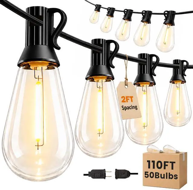 Main image of Outdoor String Lights 110FT(100+10) Waterproof, 50 LED S14 Shatterproof Edison Bulbs, 2FT Spacing, Extension Cord, Connectable Plug in Hanging Patio Lights for Outside, Backyard, Warm White
