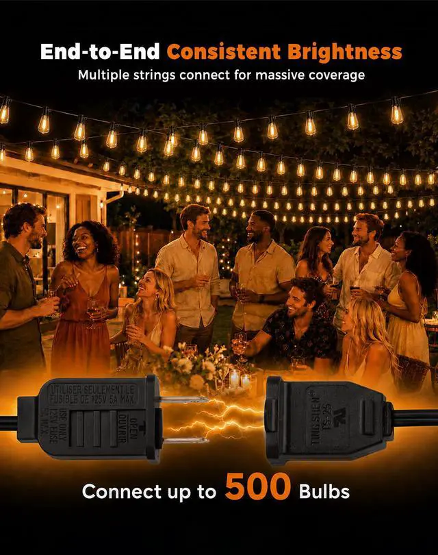 Alt view image 5 of 7 - Outdoor String Lights 110FT(100+10) Waterproof, 50 LED S14 Shatterproof Edison Bulbs, 2FT Spacing, Extension Cord, Connectable Plug in Hanging Patio Lights for Outside, Backyard, Warm White
