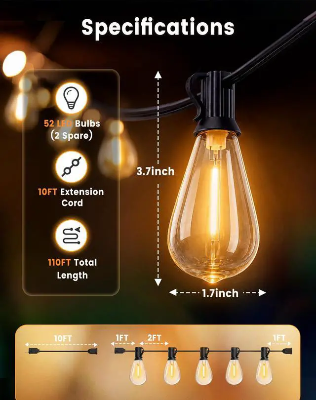 Alt view image 7 of 7 - Outdoor String Lights 110FT(100+10) Waterproof, 50 LED S14 Shatterproof Edison Bulbs, 2FT Spacing, Extension Cord, Connectable Plug in Hanging Patio Lights for Outside, Backyard, Warm White