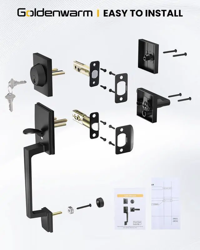 Alt view image 7 of 7 - Front Door Handle and Deadbolt Set, Black Front Door Lock Set with Reversible Handle Lever, Modern Front Door Hardware, Single Cylinder Front Door Entry Lock, Front Door Handles and Locks