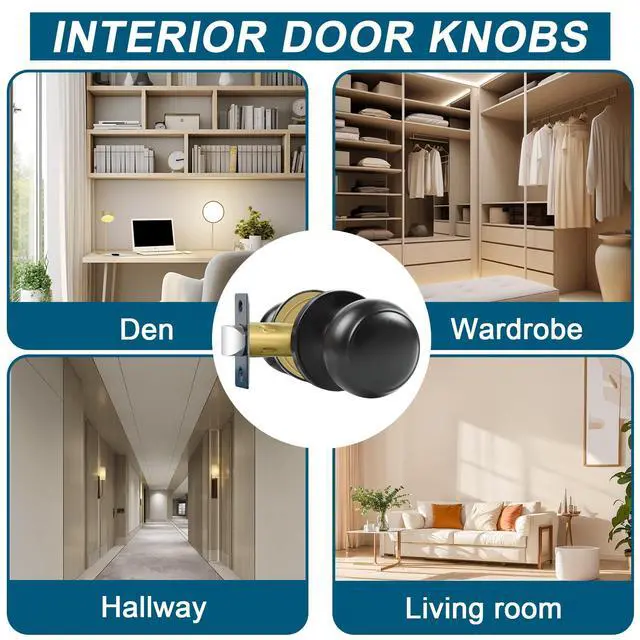 Alt view image 3 of 7 - Passage Door Knobs, 4 Pack Matte Black Door Knobs, for Hallway & Closet Non-Locking Interior Round Door Handles Keyless Reversible for Left Right Handed Doors
