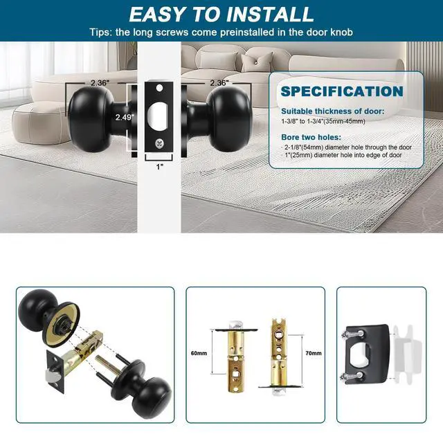 Alt view image 4 of 7 - Passage Door Knobs, 4 Pack Matte Black Door Knobs, for Hallway & Closet Non-Locking Interior Round Door Handles Keyless Reversible for Left Right Handed Doors
