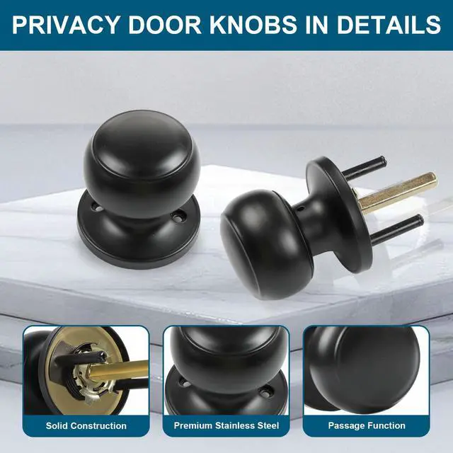 Alt view image 7 of 7 - Passage Door Knobs, 4 Pack Matte Black Door Knobs, for Hallway & Closet Non-Locking Interior Round Door Handles Keyless Reversible for Left Right Handed Doors