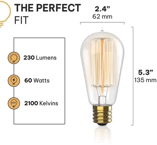 Alt view image 2 of 7 - Vintage Incandescent Edison Light Bulbs 60W (4 Pack) for Outdoor and Indoor- E26/E27 Base 2100K Dimmable Decorative Antique Squirrel Filament Lightbulbs - ST58 Style Warm Light