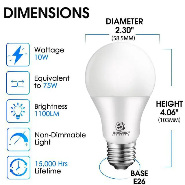 Alt view image 2 of 7 - Energetic A19 Light Bulbs 75 Watt Equivalent, 1100LM Super Brightness, Daylight 5000K, E26 Standard Base, Non-Dimmable 10W A19 LED Light Bulb, UL Listed, 12 Pack