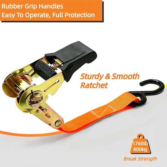 Alt view image 2 of 7 - 8PK Ratchet Tie Down Straps - 1in x 16feet, 1760LBS Break Strength, 8 Soft Loops, Wear-Resistant Webbing with Non-Slip Rubber Handle, S-Hooks & Storage Bag