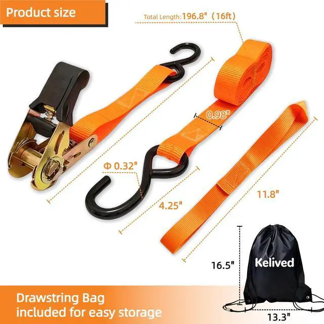 Alt view image 3 of 7 - 8PK Ratchet Tie Down Straps - 1in x 16feet, 1760LBS Break Strength, 8 Soft Loops, Wear-Resistant Webbing with Non-Slip Rubber Handle, S-Hooks & Storage Bag