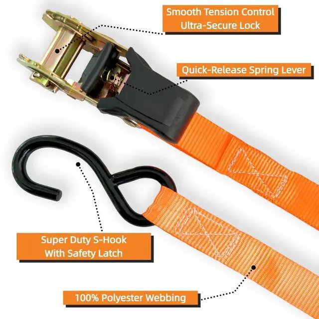 Alt view image 4 of 7 - 8PK Ratchet Tie Down Straps - 1in x 16feet, 1760LBS Break Strength, 8 Soft Loops, Wear-Resistant Webbing with Non-Slip Rubber Handle, S-Hooks & Storage Bag