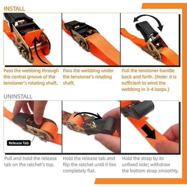 Alt view image 5 of 7 - 8PK Ratchet Tie Down Straps - 1in x 16feet, 1760LBS Break Strength, 8 Soft Loops, Wear-Resistant Webbing with Non-Slip Rubber Handle, S-Hooks & Storage Bag
